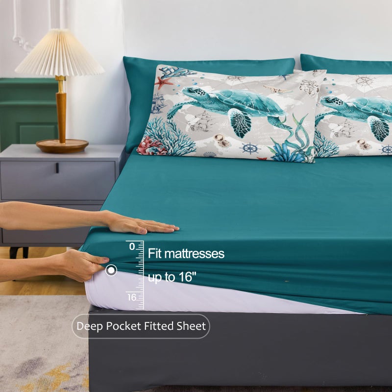Bedbay 8 Pieces Nautical Bedding Set Sea Turtle Full Size Comforter Set with Sheets Turquoise Comforter Retro Turtle Bedding Set for Kids Boys Girls Ocean Themed Soft Fluffy Bed Set(Ocean Full) - Image 3